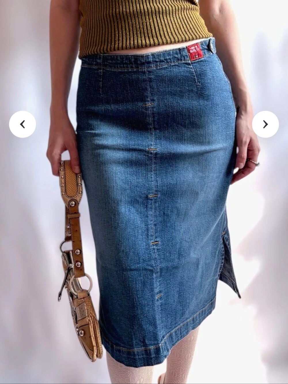 Vintage Miss Sixty Denim Midi Skirt: Y2K Light Wash Stretch Pencil Skirt